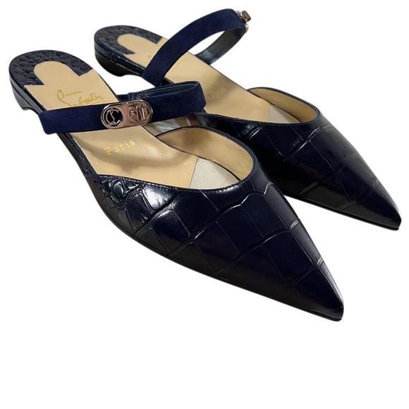 CHRISTIAN LOUBOUTIN Shoes - Choc lock embossed Dark blue Obscur flat leather mules flats E001